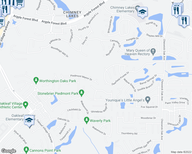map of restaurants, bars, coffee shops, grocery stores, and more near 404 Bayridge Court in Orange Park