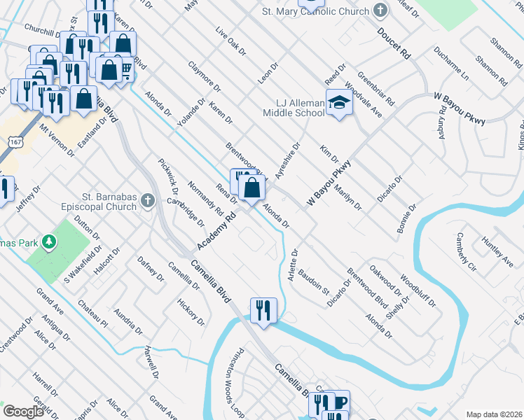 map of restaurants, bars, coffee shops, grocery stores, and more near 423 Rena Drive in Lafayette