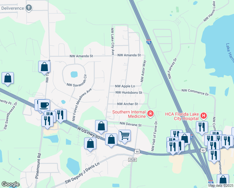 map of restaurants, bars, coffee shops, grocery stores, and more near 3825 Northwest Archer Street in Lake City