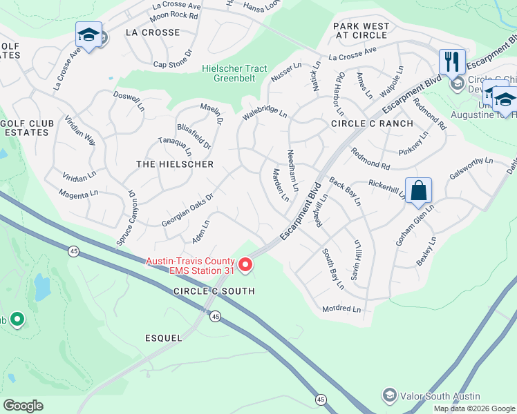 map of restaurants, bars, coffee shops, grocery stores, and more near 11227 Tracton Lane in Austin