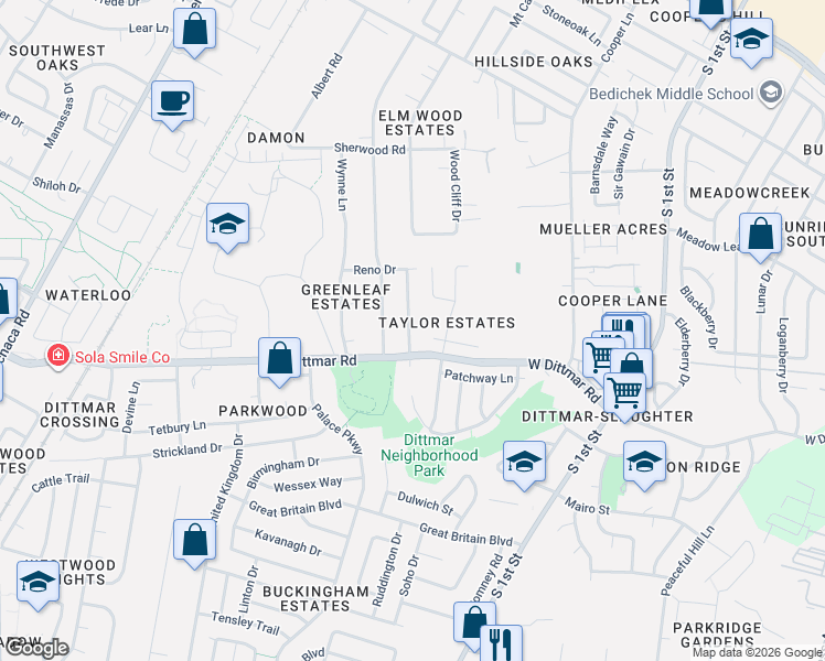 map of restaurants, bars, coffee shops, grocery stores, and more near 8007 Persimmon Trail in Austin