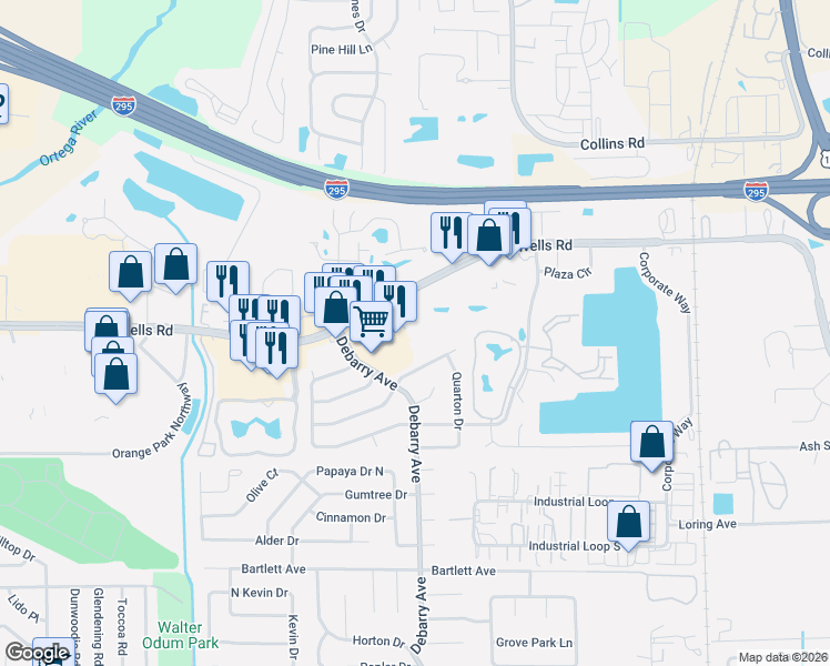 map of restaurants, bars, coffee shops, grocery stores, and more near 1686 Debbie Lane in Orange Park