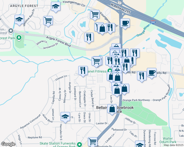 map of restaurants, bars, coffee shops, grocery stores, and more near 2000 Wells Road in Orange Park