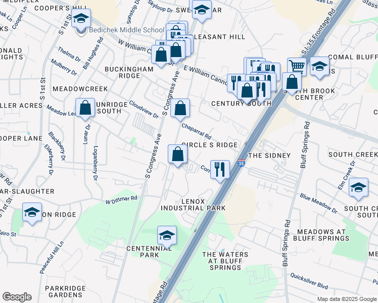 map of restaurants, bars, coffee shops, grocery stores, and more near 400 Corral Lane in Austin