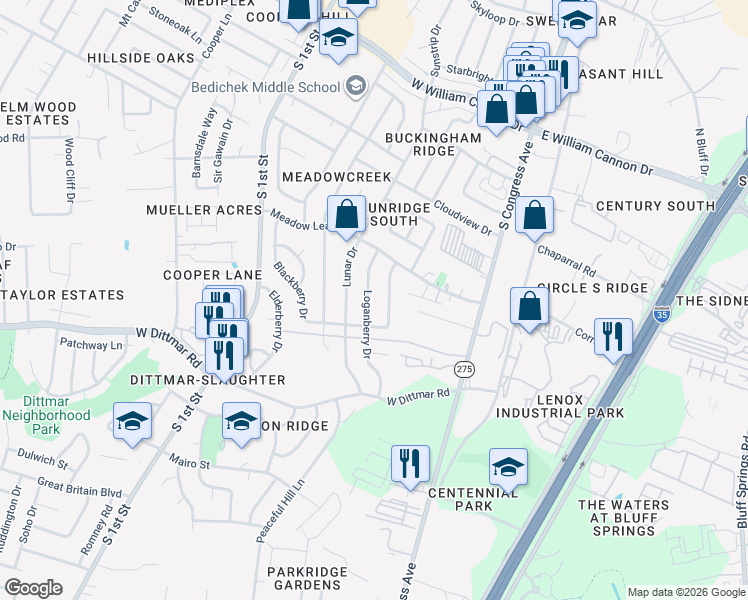 map of restaurants, bars, coffee shops, grocery stores, and more near 7401 Broken Arrow Lane in Austin