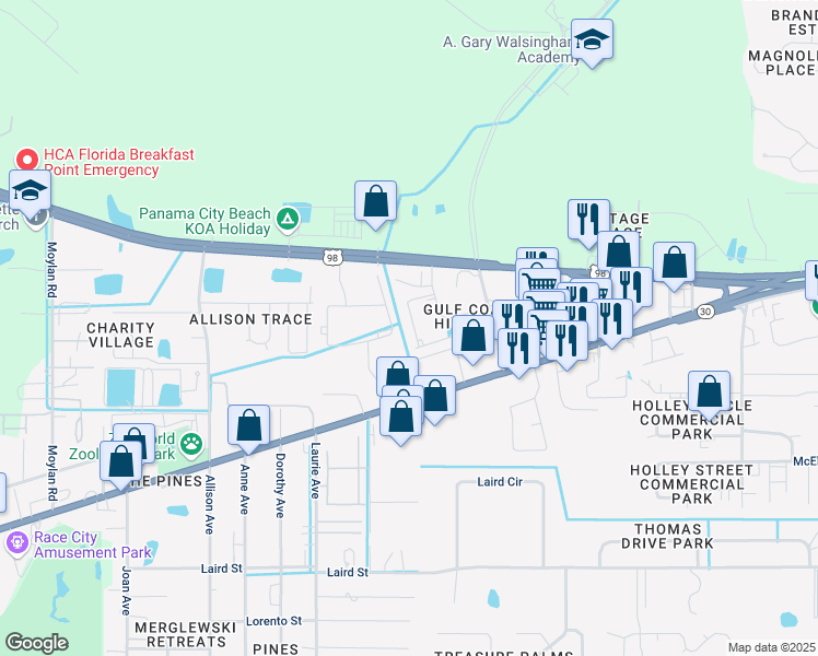 map of restaurants, bars, coffee shops, grocery stores, and more near 1746 Annabellas Drive in Panama City Beach