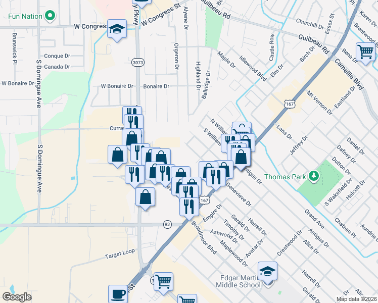 map of restaurants, bars, coffee shops, grocery stores, and more near 216 Landmark Street in Lafayette