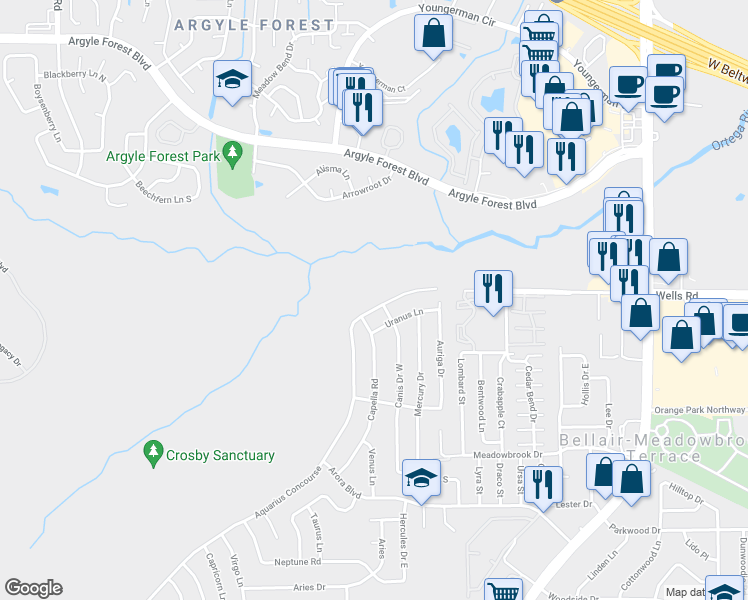 map of restaurants, bars, coffee shops, grocery stores, and more near 263 Aquarius Concourse in Orange Park