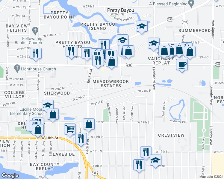 map of restaurants, bars, coffee shops, grocery stores, and more near 2511 21st Court in Panama City