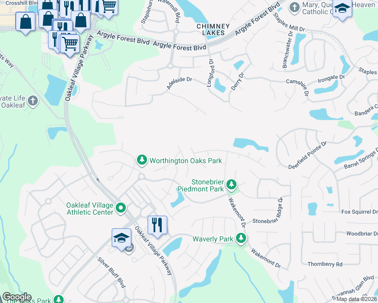 map of restaurants, bars, coffee shops, grocery stores, and more near 516 Millhouse Lane in Orange Park