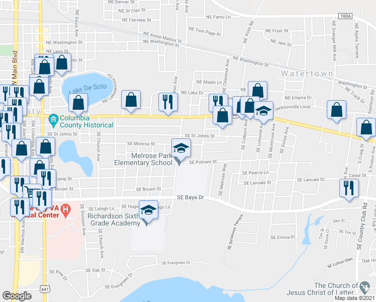 map of restaurants, bars, coffee shops, grocery stores, and more near 841 Southeast Dade Street in Lake City