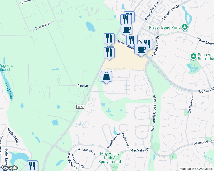 map of restaurants, bars, coffee shops, grocery stores, and more near 29980 Farm to Market Road 2978 in Magnolia