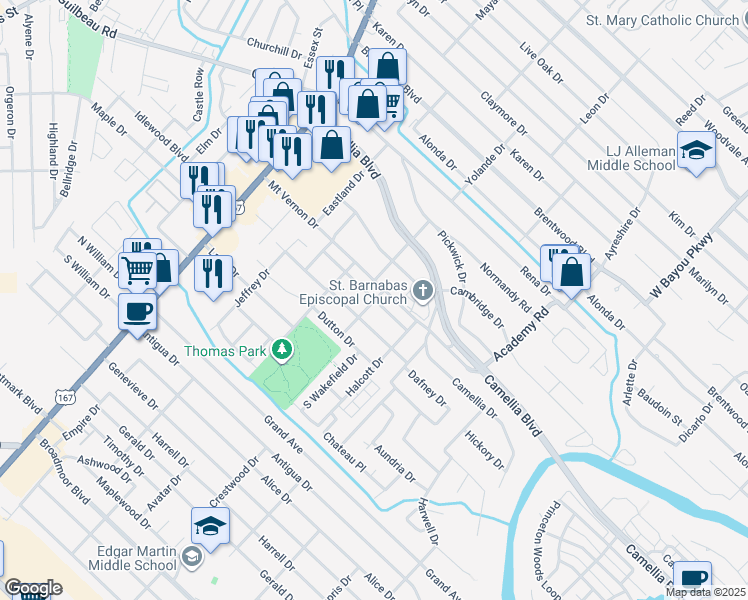 map of restaurants, bars, coffee shops, grocery stores, and more near 603 Dafney Dr in Lafayette