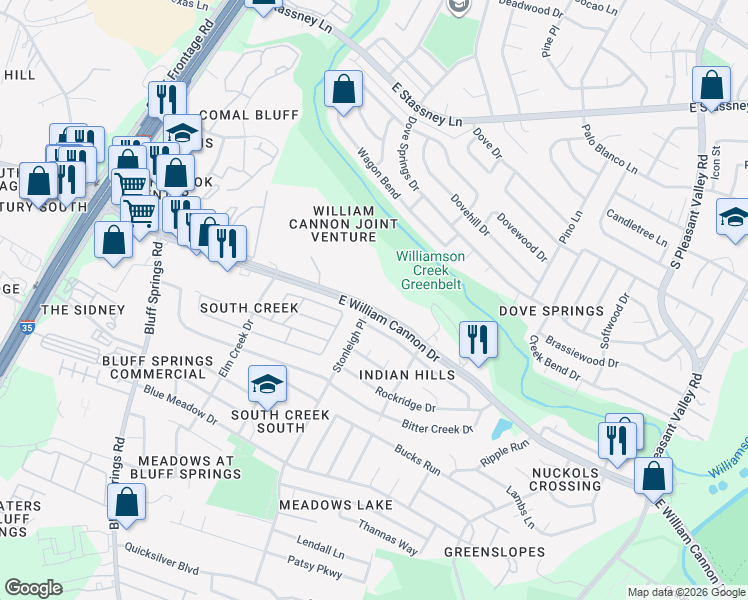 map of restaurants, bars, coffee shops, grocery stores, and more near 2500 East William Cannon Drive in Austin