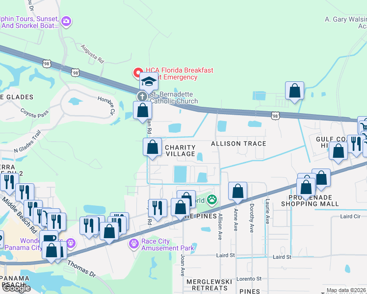 map of restaurants, bars, coffee shops, grocery stores, and more near 9122 Abba Ln in Panama City Beach
