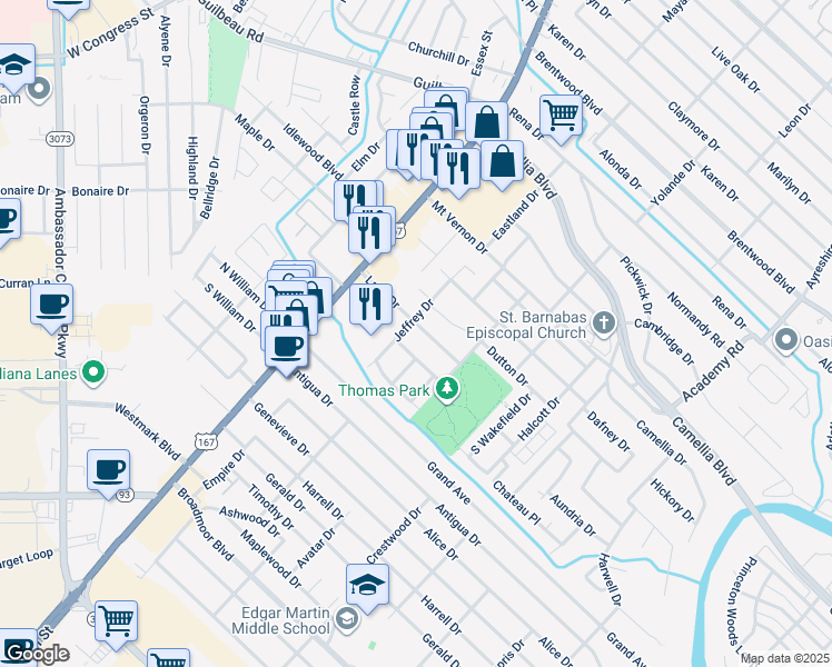 map of restaurants, bars, coffee shops, grocery stores, and more near 202 Lana Drive in Lafayette