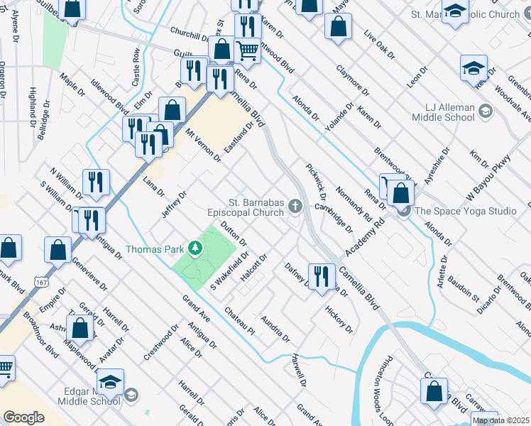 map of restaurants, bars, coffee shops, grocery stores, and more near 601 Daniel Drive in Lafayette