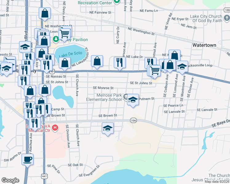 map of restaurants, bars, coffee shops, grocery stores, and more near 678 Southeast Saint Johns Street in Lake City