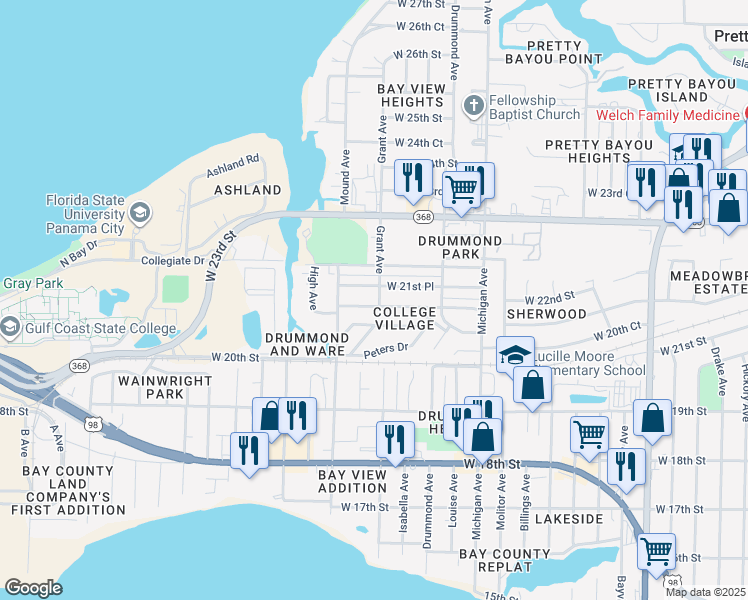 map of restaurants, bars, coffee shops, grocery stores, and more near 4102 West 21st Street in Panama City