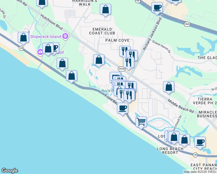 map of restaurants, bars, coffee shops, grocery stores, and more near 520 R Jackson Boulevard in Panama City Beach
