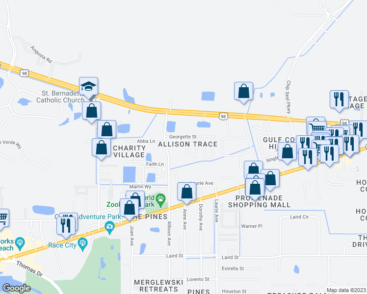 map of restaurants, bars, coffee shops, grocery stores, and more near 1612 Vecuna Circle in Panama City Beach