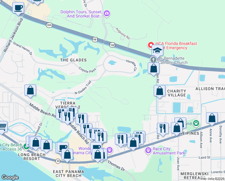 map of restaurants, bars, coffee shops, grocery stores, and more near 158 Hombre Cir in Panama City Beach