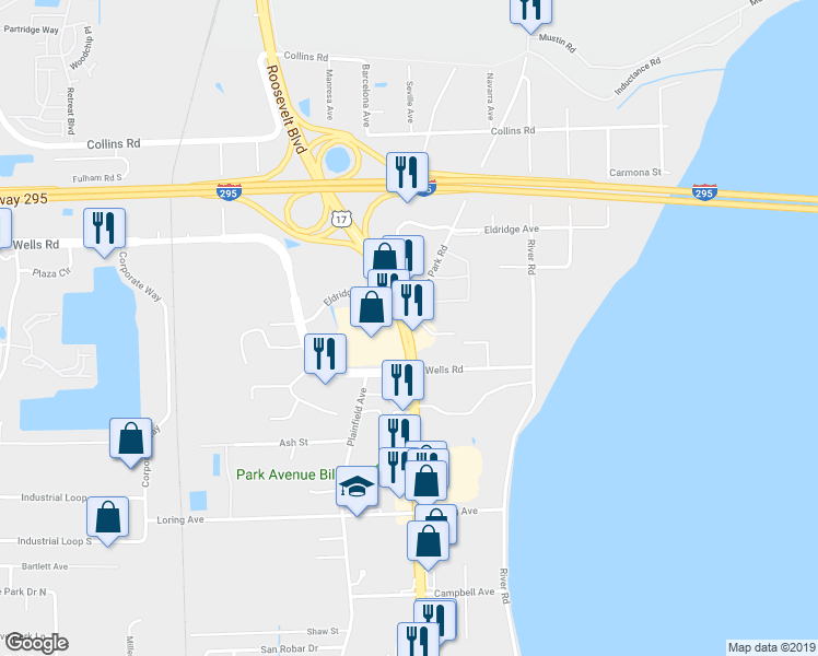map of restaurants, bars, coffee shops, grocery stores, and more near 0 Old Orange Park Road in Orange Park