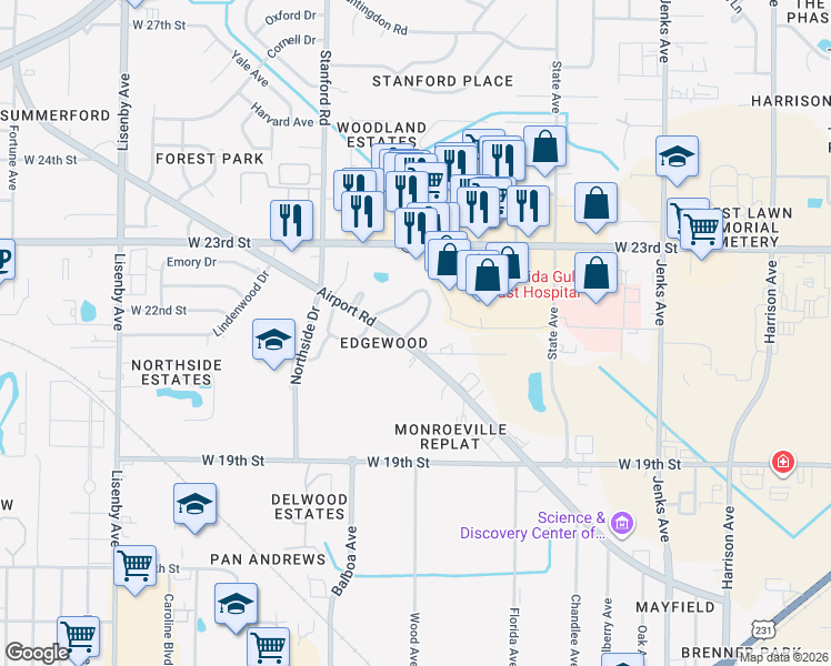map of restaurants, bars, coffee shops, grocery stores, and more near 2223 Edgewood Drive in Panama City