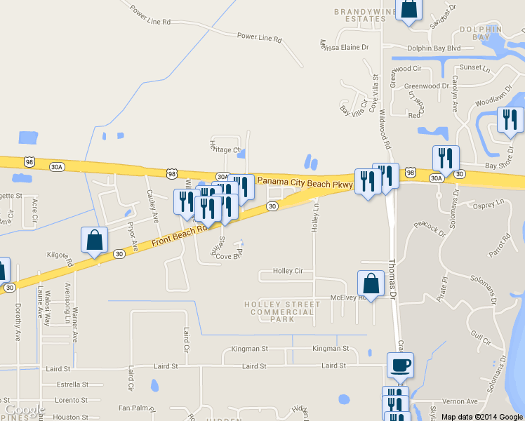 map of restaurants, bars, coffee shops, grocery stores, and more near 7561 Front Beach Road in Panama City