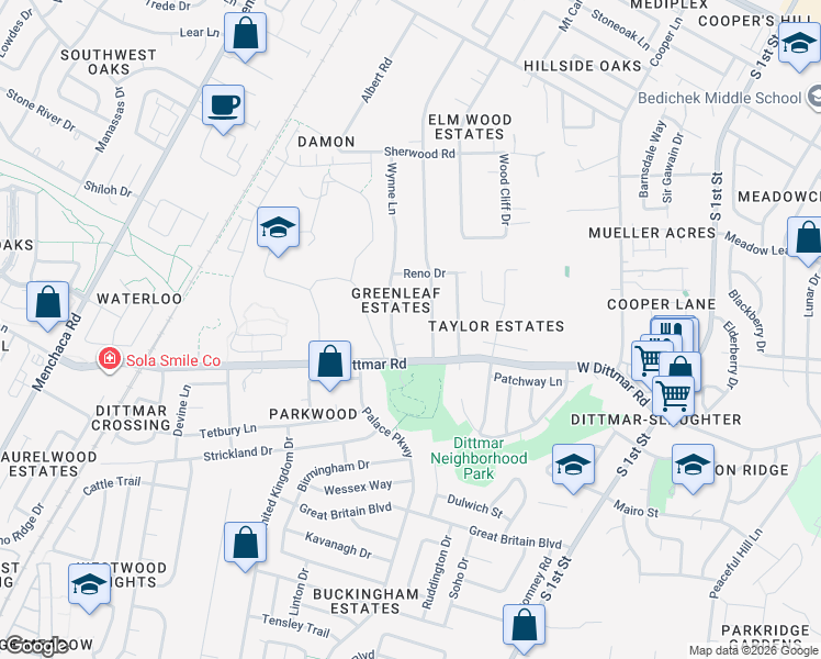 map of restaurants, bars, coffee shops, grocery stores, and more near 1104 Darvone Circle in Austin