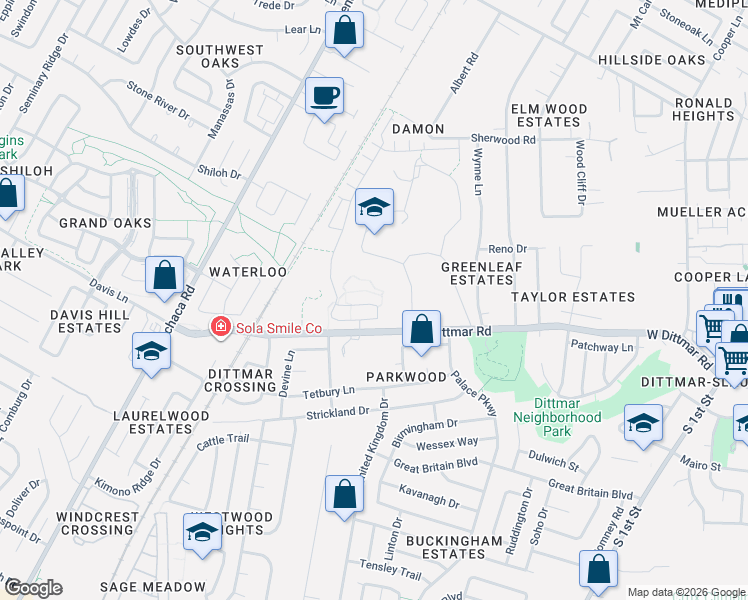 map of restaurants, bars, coffee shops, grocery stores, and more near 1106 West Dittmar Road in Austin