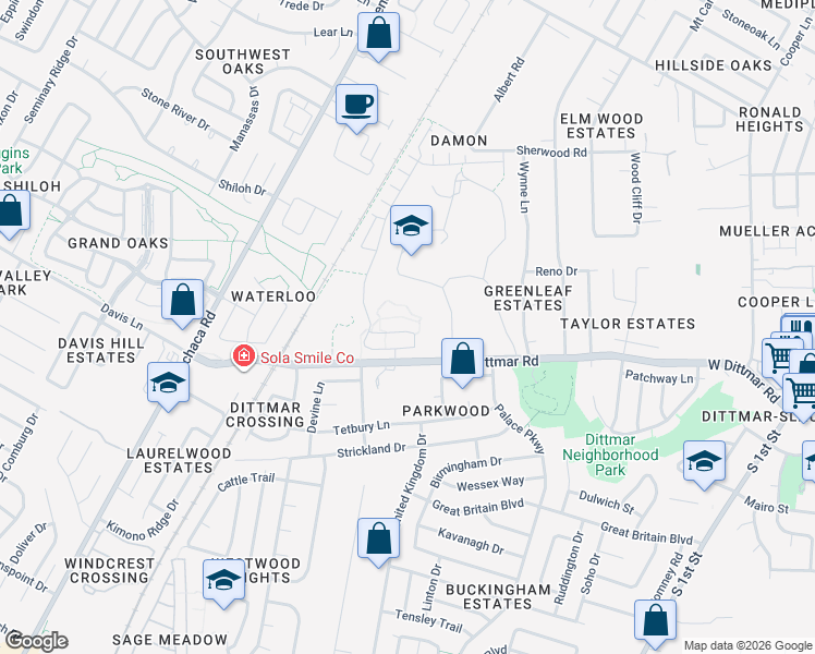 map of restaurants, bars, coffee shops, grocery stores, and more near 1106 West Dittmar Road in Austin