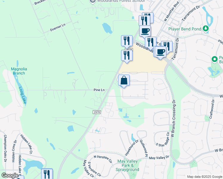 map of restaurants, bars, coffee shops, grocery stores, and more near 29860 Farm to Market Road 2978 in Magnolia