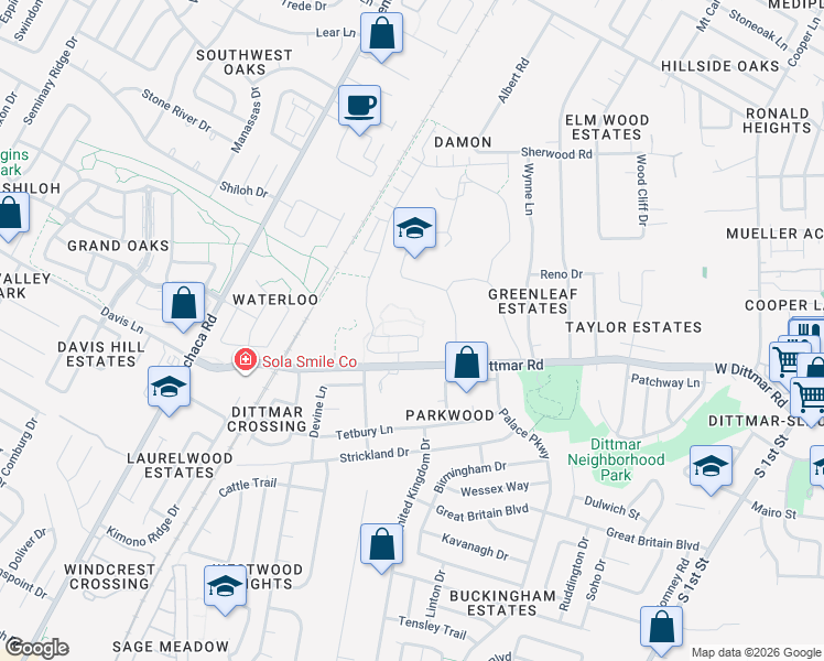 map of restaurants, bars, coffee shops, grocery stores, and more near 1106 West Dittmar Road in Austin