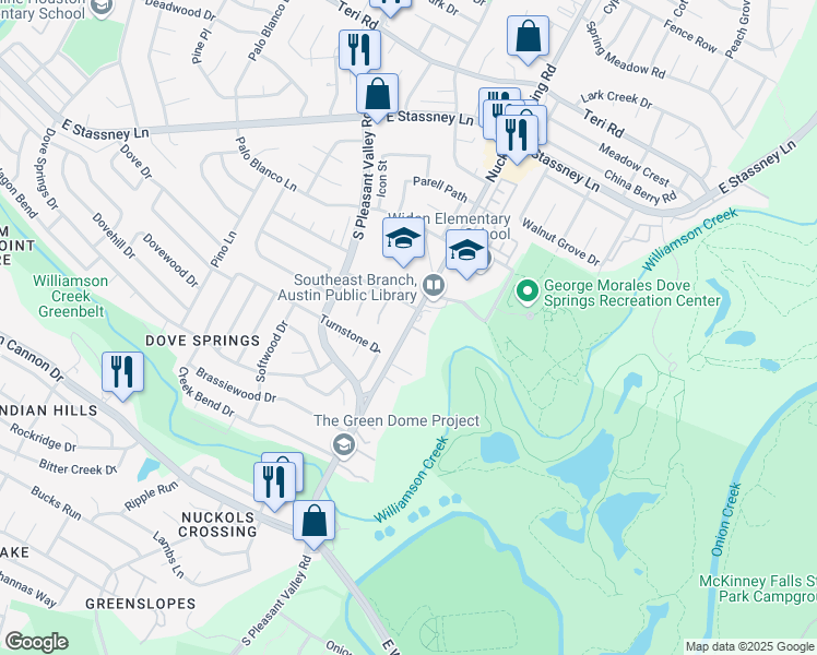 map of restaurants, bars, coffee shops, grocery stores, and more near 6301 East Stassney Lane in Austin