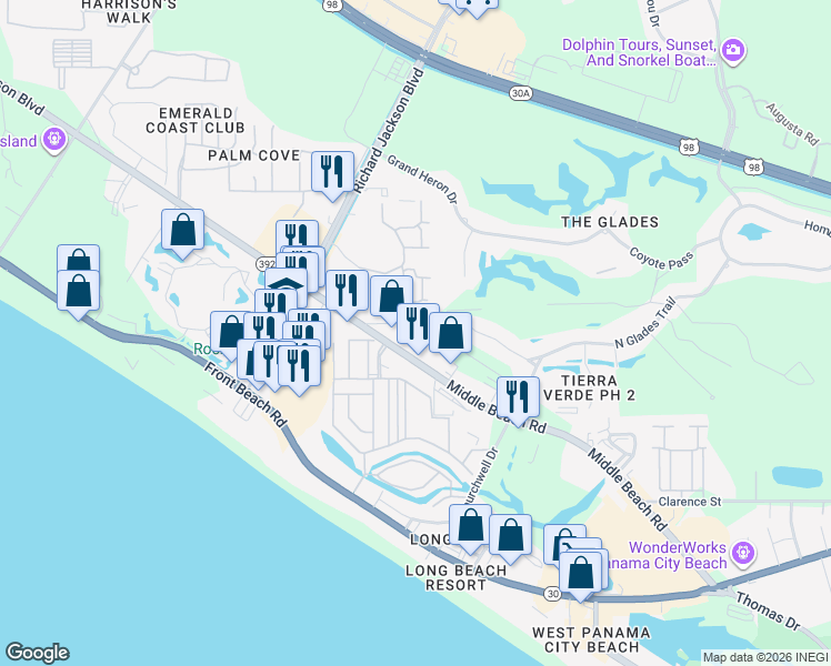 map of restaurants, bars, coffee shops, grocery stores, and more near 609 Paddock Club Drive in Panama City Beach