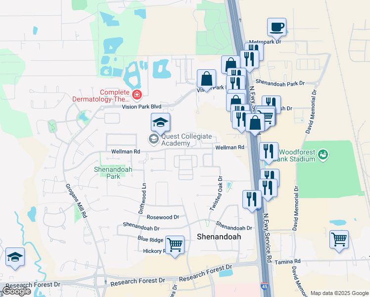 map of restaurants, bars, coffee shops, grocery stores, and more near 1028 Wellman Road in Conroe