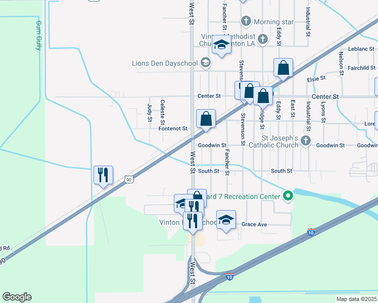 map of restaurants, bars, coffee shops, grocery stores, and more near 1901-1955 Hwy 90 in Vinton