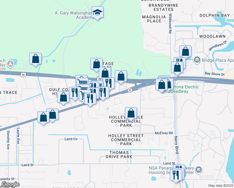 map of restaurants, bars, coffee shops, grocery stores, and more near 7563 Front Beach Road in Panama City Beach