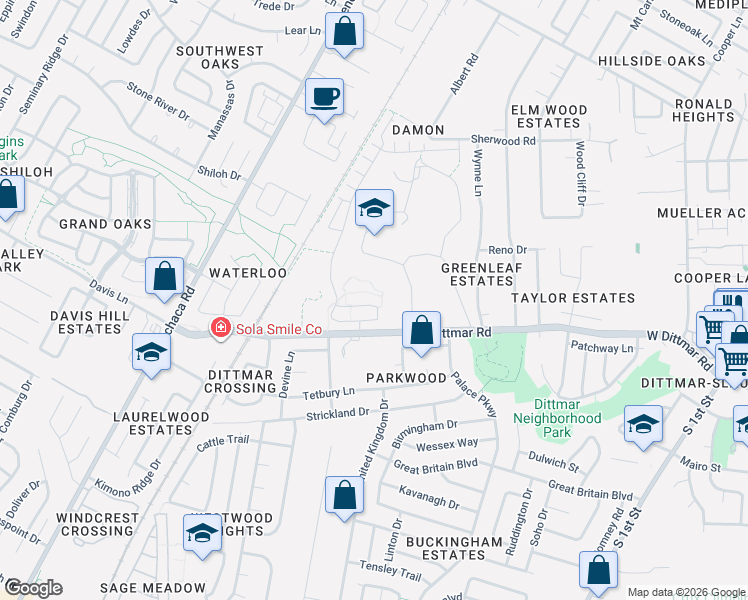 map of restaurants, bars, coffee shops, grocery stores, and more near 1106 West Dittmar Road in Austin