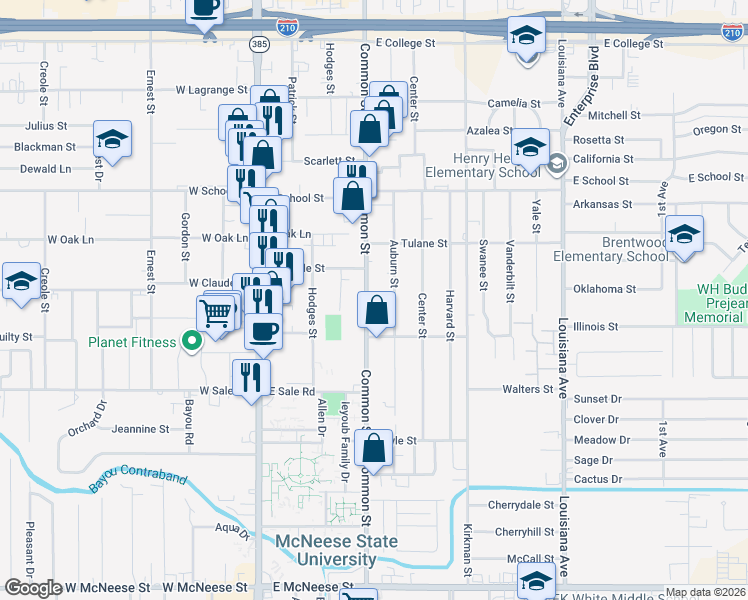 map of restaurants, bars, coffee shops, grocery stores, and more near 3818 Auburn Street in Lake Charles