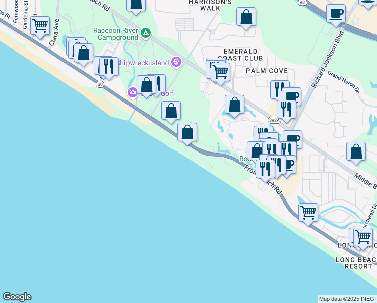 map of restaurants, bars, coffee shops, grocery stores, and more near 11806 Front Beach Road in Panama City Beach