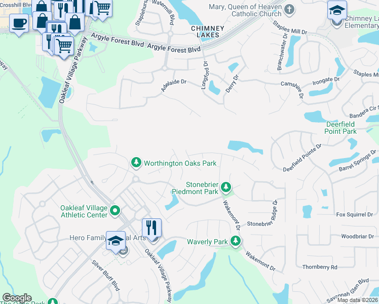 map of restaurants, bars, coffee shops, grocery stores, and more near 3030 Piedmont Manor Drive in Orange Park