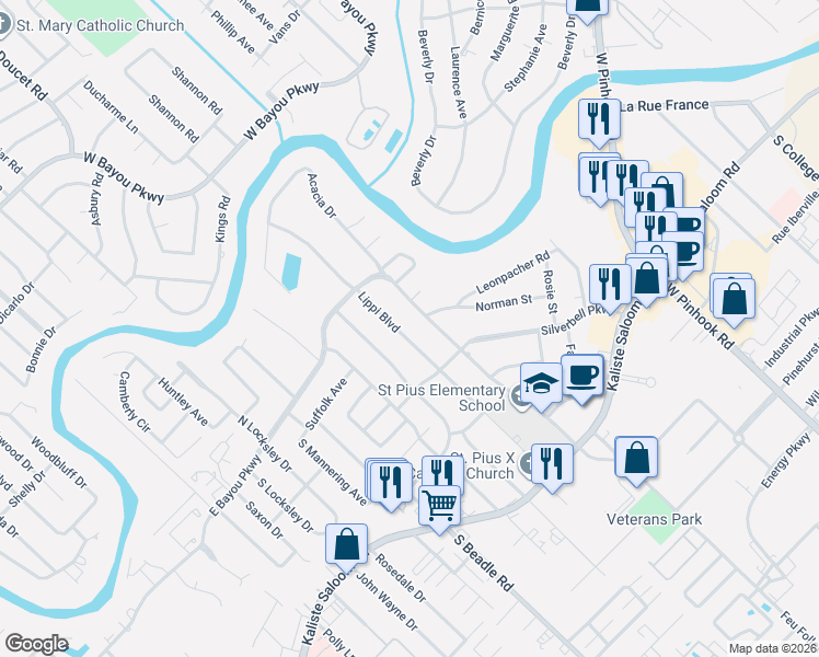 map of restaurants, bars, coffee shops, grocery stores, and more near 605 East Bayou Parkway in Lafayette