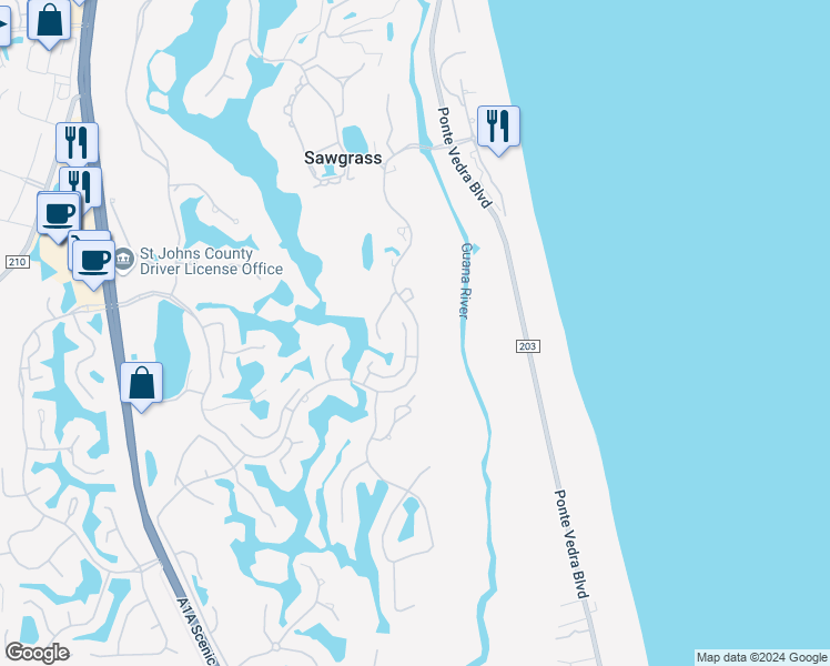map of restaurants, bars, coffee shops, grocery stores, and more near 10087 Sawgrass Drive East in Ponte Vedra Beach