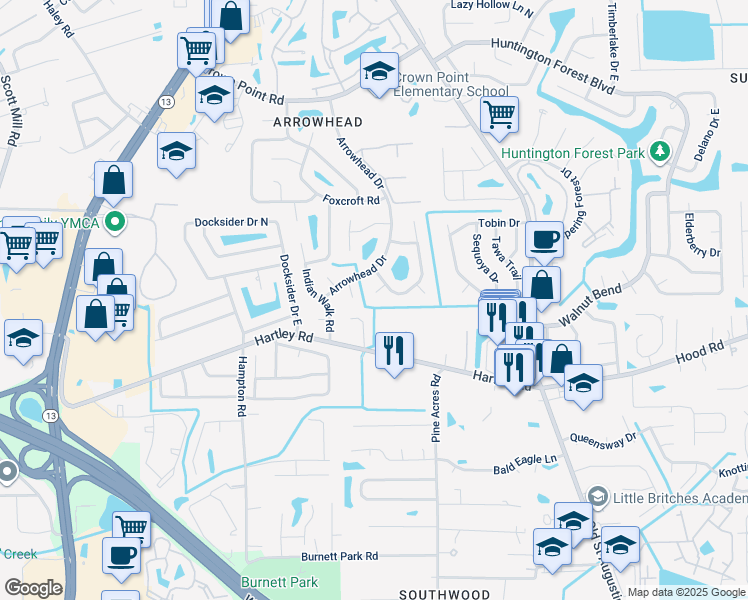 map of restaurants, bars, coffee shops, grocery stores, and more near 10391 Arrow Bluff Court in Jacksonville