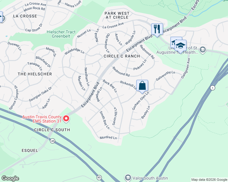 map of restaurants, bars, coffee shops, grocery stores, and more near 6105 Back Bay Lane in Austin