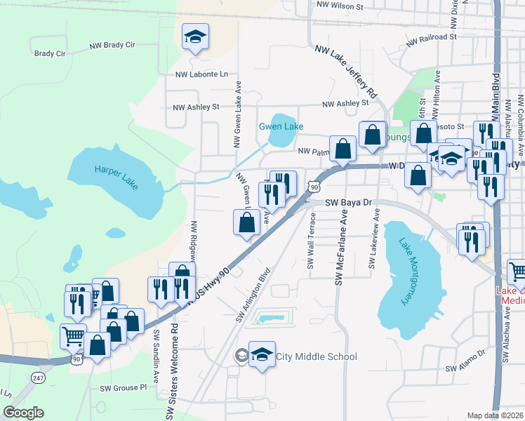 map of restaurants, bars, coffee shops, grocery stores, and more near 289 Northwest Gwen Lake Avenue in Lake City