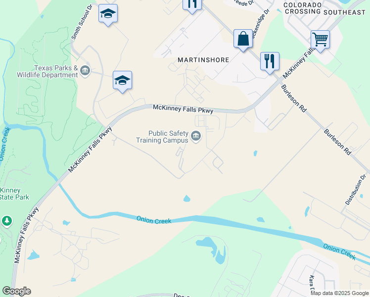 map of restaurants, bars, coffee shops, grocery stores, and more near 4800 Shaw Lane in Austin