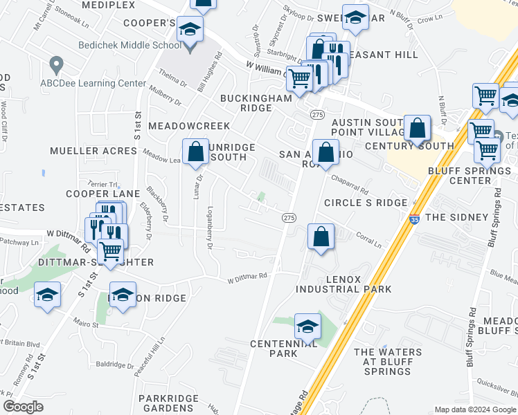 map of restaurants, bars, coffee shops, grocery stores, and more near 204 Meadow Lea Drive in Austin